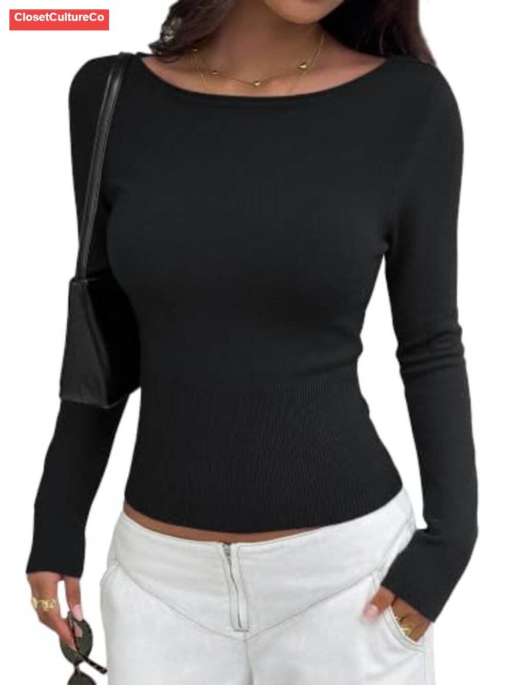 Boat Neck Slim Fit Knit Pullover Sweater Long Sleeve Fall Top